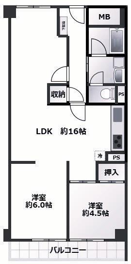 ユニハイツ朝霧(2LDK/4階)の間取り写真