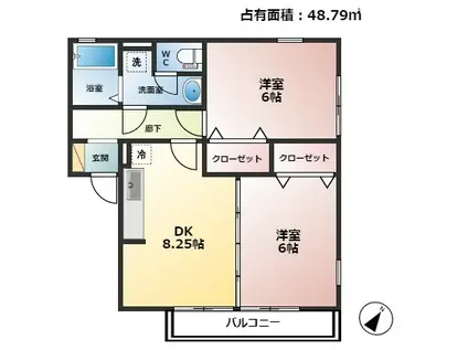 ウィルモア岡本(2DK/1階)の間取り写真