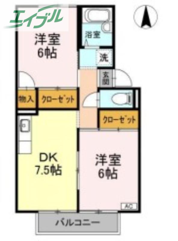 シャンポール芳泉D棟(2DK/2階)の間取り写真