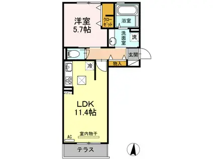 キャルル B棟(1LDK/1階)の間取り写真