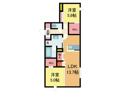 西宮市今津山中町ヘーベルメゾン(2LDK/1階)の間取り写真
