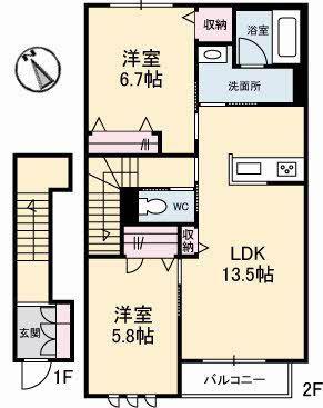 JR宇野線 茶屋町駅 徒歩21分 2階建 築5年(2LDK/2階)の間取り写真