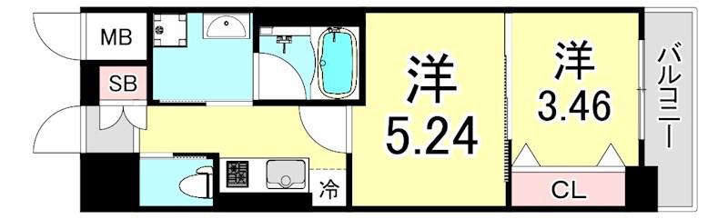 西宮北口プライマリーワンガーデンテラス(1DK/5階)の間取り写真
