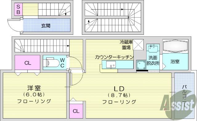 スカイハイムB(1LDK/3階)の間取り写真