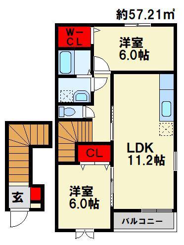 サンデリアーナII B(2LDK/2階)の間取り写真