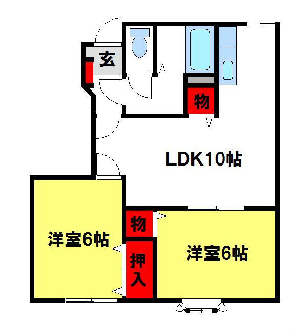 コンフォート朱雀E(2LDK/1階)の間取り写真