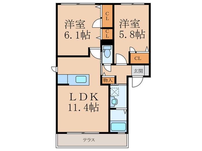 カーサ シエルテッツァ野見山(2LDK/2階)の間取り写真