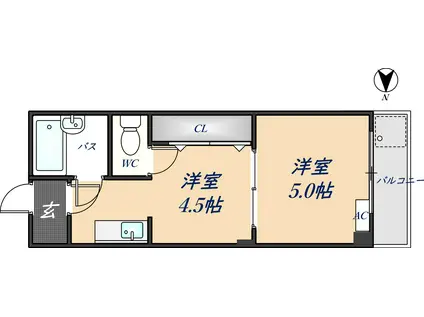 大宝枚岡グリーンヒルズ(1DK/2階)の間取り写真