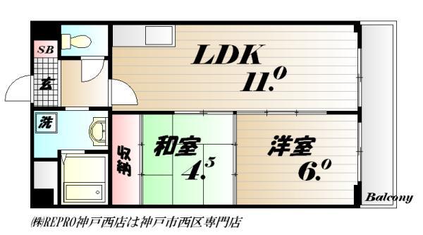 アルカサール西神戸 角(2LDK/5階)の間取り写真