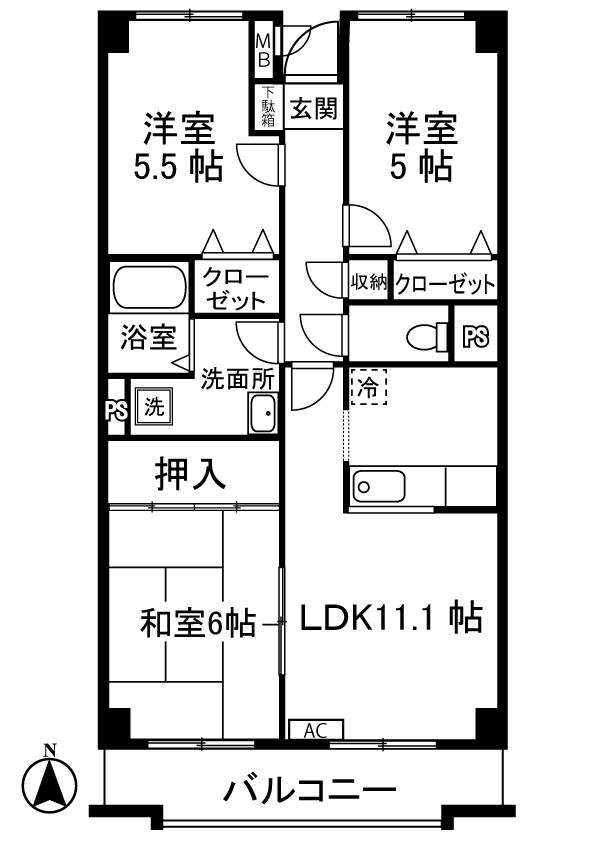 グランシャリオ久地(3LDK/1階)の間取り写真