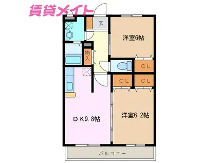 ショコラブラン(2DK/1階)の間取り写真