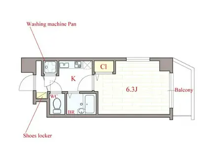 S・Eファースト(1K/4階)の間取り写真