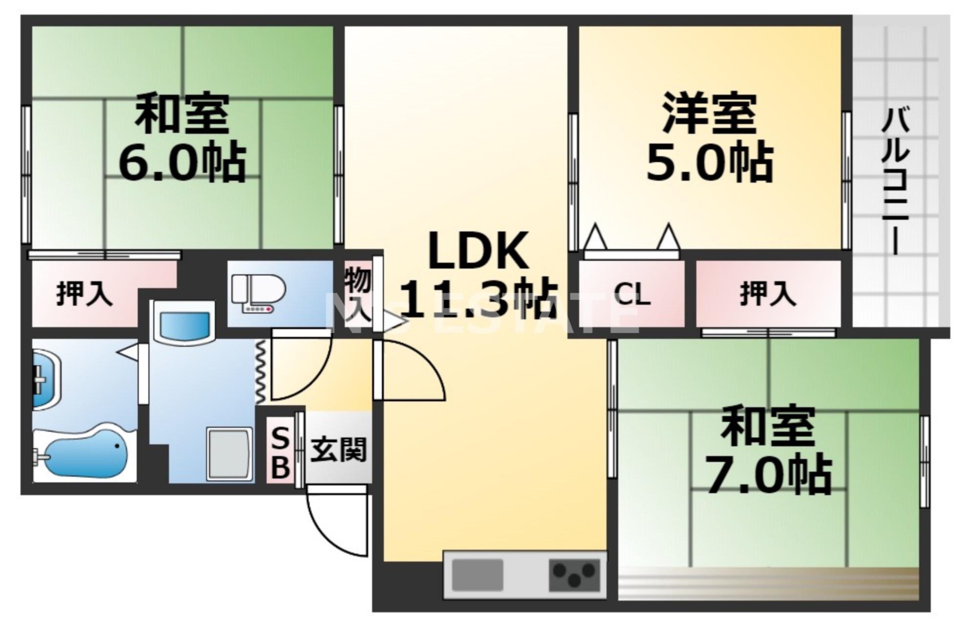 イーストヒルズ平野(3LDK/3階)の間取り写真