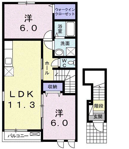 ミモザヴィレッジ弐番館(2LDK/2階)の間取り写真