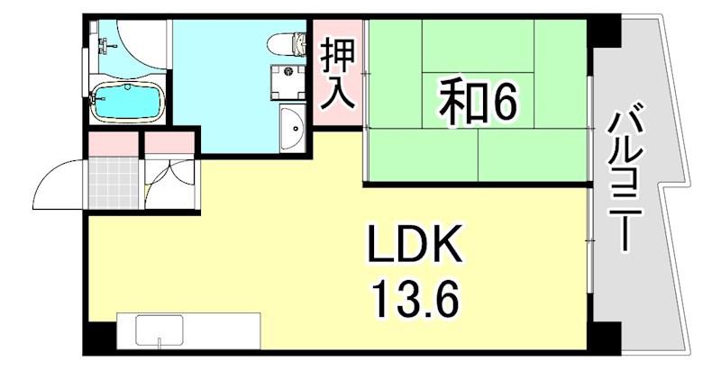 UR武庫川 3号棟(1LDK/13階)の間取り写真