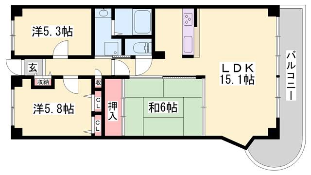 姫路甲丘アーバンコンフォート(3LDK/8階)の間取り写真