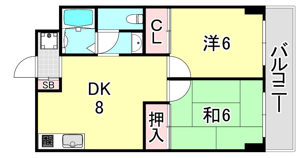ビューライフ六甲(2DK/4階)の間取り写真