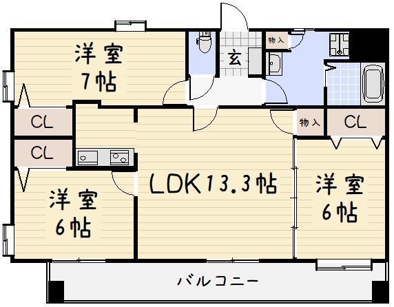 ニューリバー九工大駅前(3LDK/4階)の間取り写真