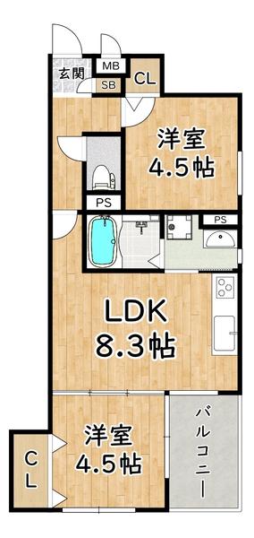 ラモーナ佃I(2LDK/1階)の間取り写真