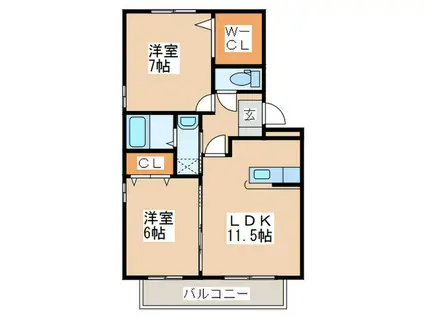 ロイヤルブルーB棟(2LDK/1階)の間取り写真