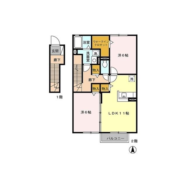 D-ROOM ローズコート塩山 壱番館(2LDK/2階)の間取り写真