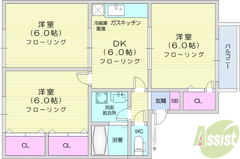 ヴィルヌーブ岩切B(3DK/2階)の間取り写真
