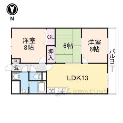 インペリアル東生駒(3LDK/6階)の間取り写真