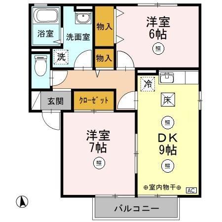リバーシティー B(2DK/1階)の間取り写真