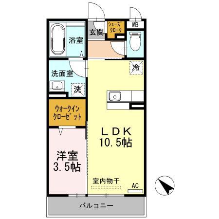 D-ROOM五福(1LDK/3階)の間取り写真