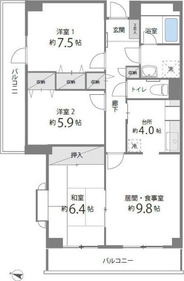 目黒本町マンション(3LDK/3階)の間取り写真
