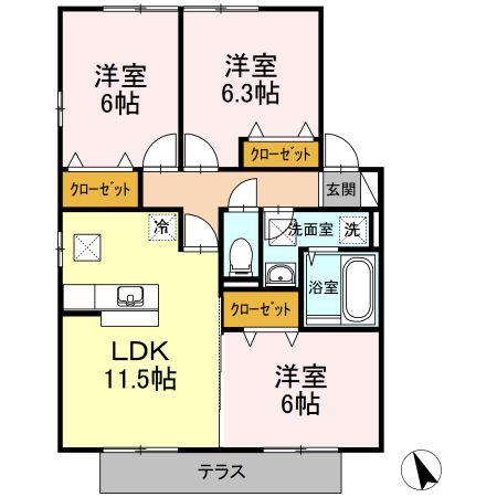 リビングタウン岩国E(3LDK/1階)の間取り写真