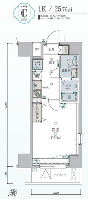 リヴシティ大森町(1K/8階)の間取り写真