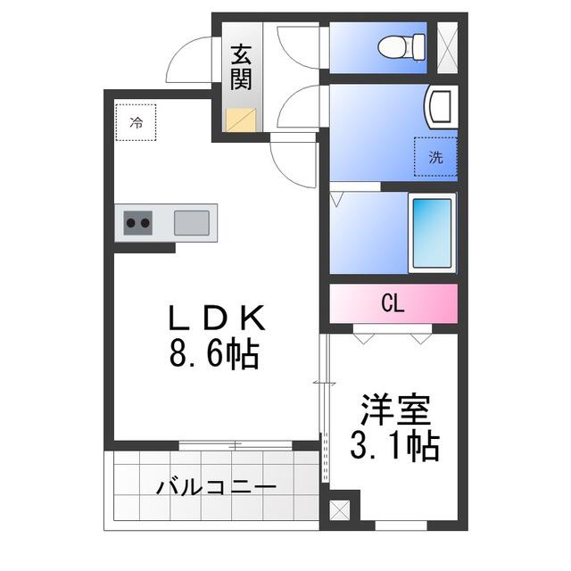 ジーメゾン高石千代田アクシス(1LDK/2階)の間取り写真