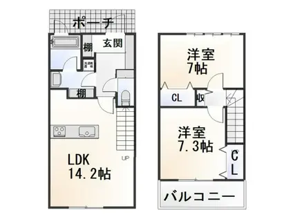 ブランカーサS棟(2LDK/1階)の間取り写真