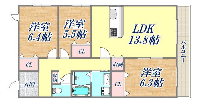 エフティー西宮北口A棟(3LDK/2階)の間取り写真