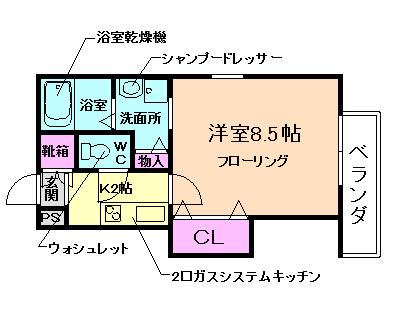 クレストフォルム石橋(1K/2階)の間取り写真