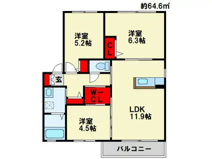 ナチュラル和 B棟(3LDK/1階)の間取り写真