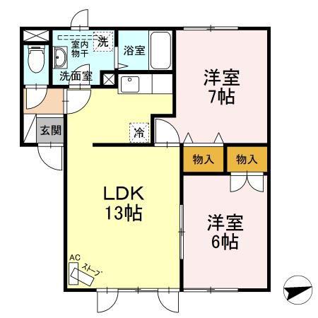 ハイセレール山伝(2LDK/2階)の間取り写真