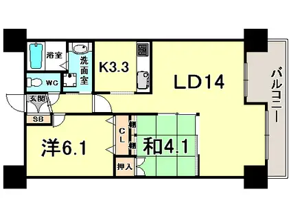 レジディア三宮東(2LDK/11階)の間取り写真