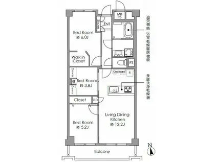 三井馬事公苑南ハイツ(3LDK/8階)の間取り写真
