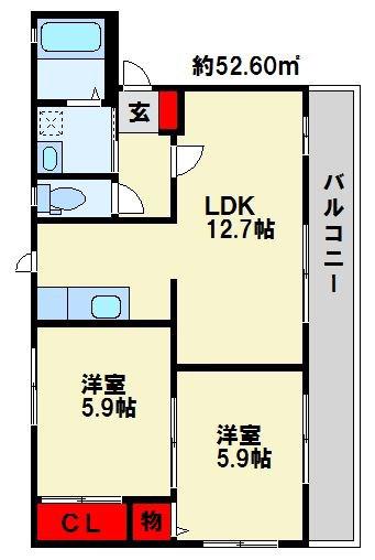 グリンヴェルB棟(2LDK/1階)の間取り写真