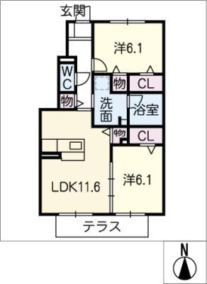 ヒルズ明が丘II(2LDK/1階)の間取り写真