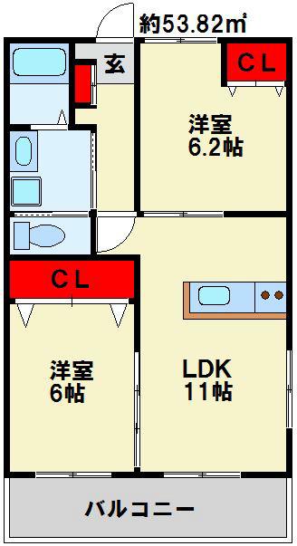 グランドライン小倉南(2LDK/1階)の間取り写真