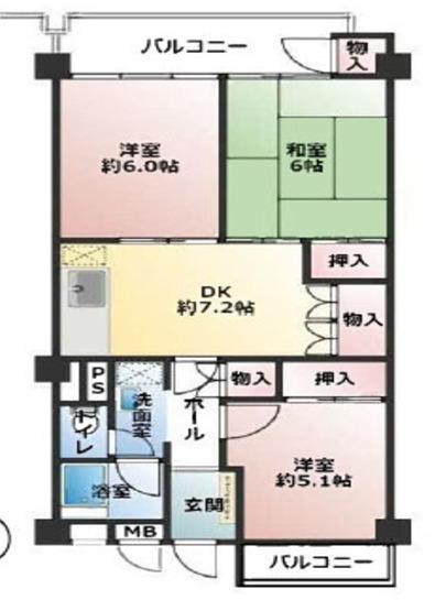 六甲台ハウス3号棟(3DK/4階)の間取り写真