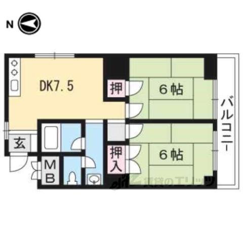 コーポラス北野(2DK/9階)の間取り写真
