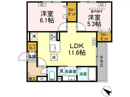 D-ROOM新宿I-A(2LDK/1階)の間取り写真