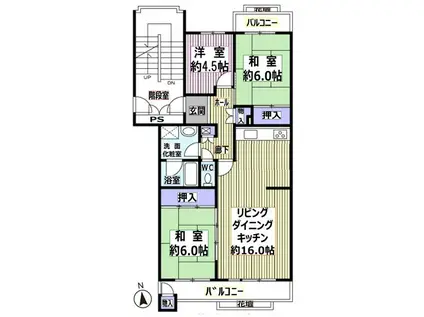 三郷早稲田団地 6-2号棟(3LDK/2階)の間取り写真