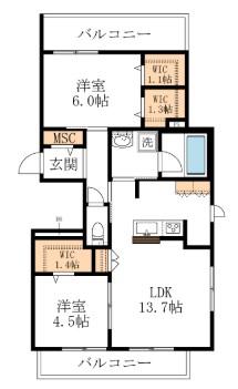 BRILLANTE(2LDK/2階)の間取り写真