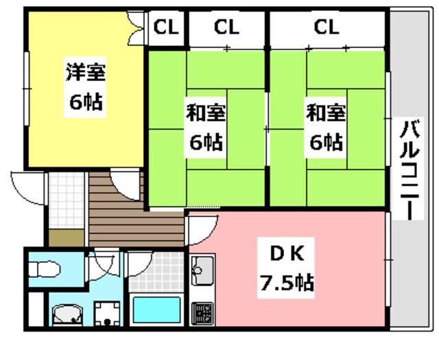 サンハイツ沢良宜西(3DK/2階)の間取り写真