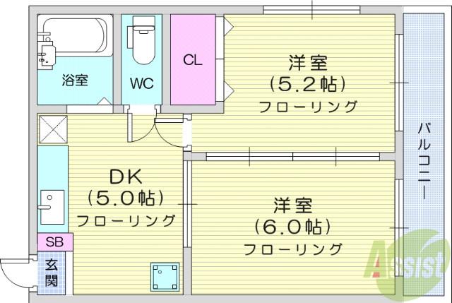 中倉麻布マンション(2DK/4階)の間取り写真